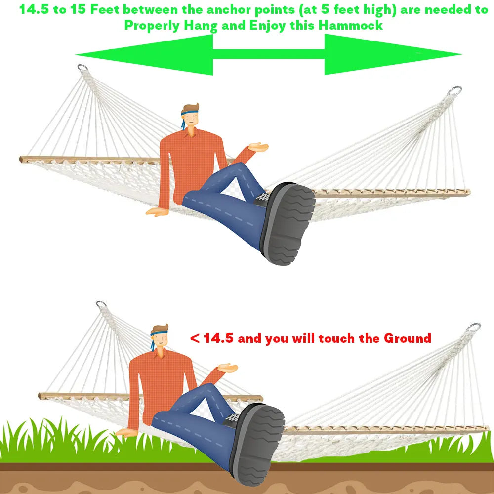 Illustration showing the correct distance for hanging a hammock to avoid touching the ground. 50501-PWT
