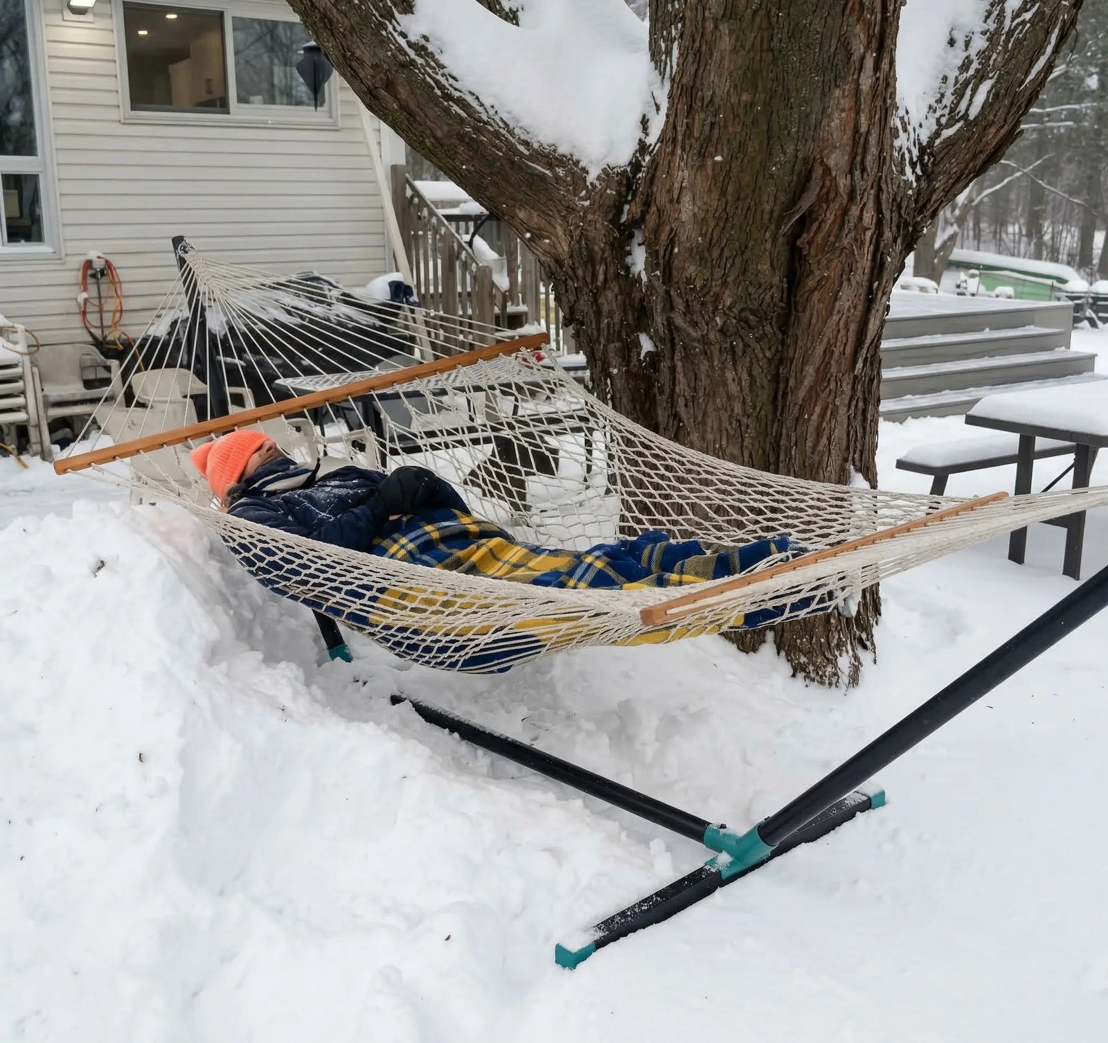 Hammock with blankets hanging on a snowy day, surrounded by snow-covered ground and trees. 50501-PWT