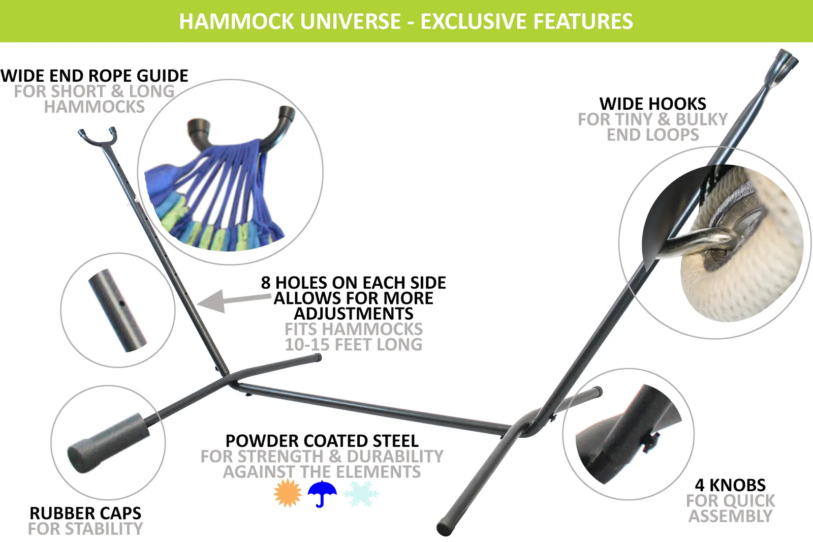 Hammock stand with features highlighted on a white background