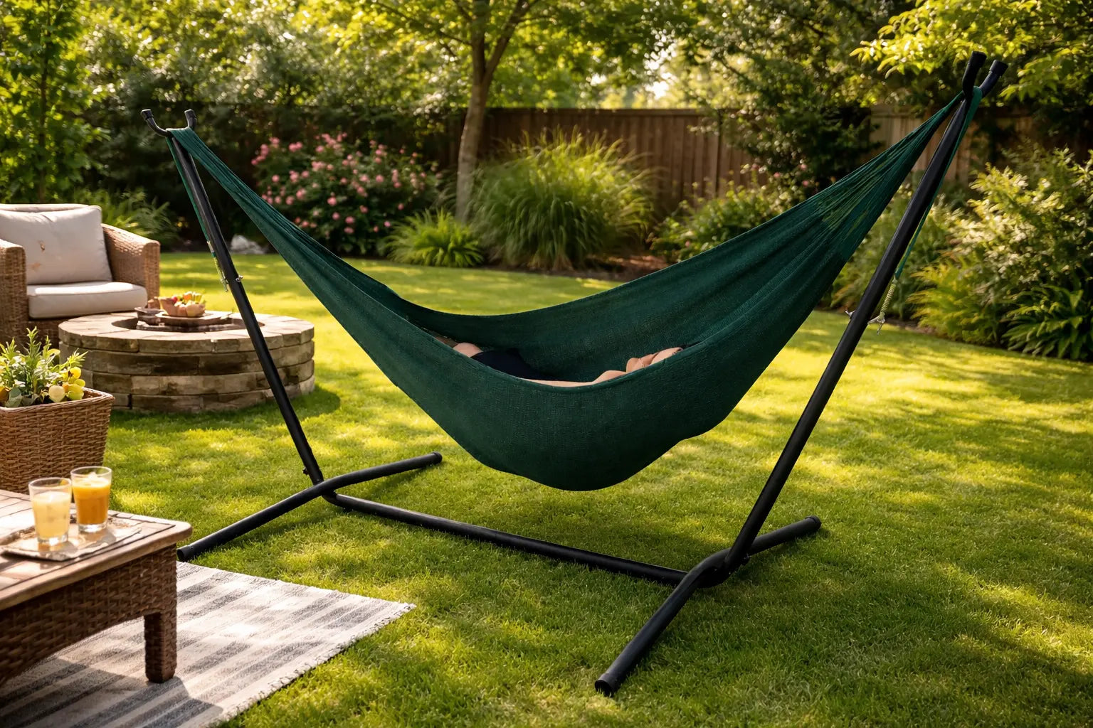 Green hammock on a stand in a garden setting with a wooden table and chairs.