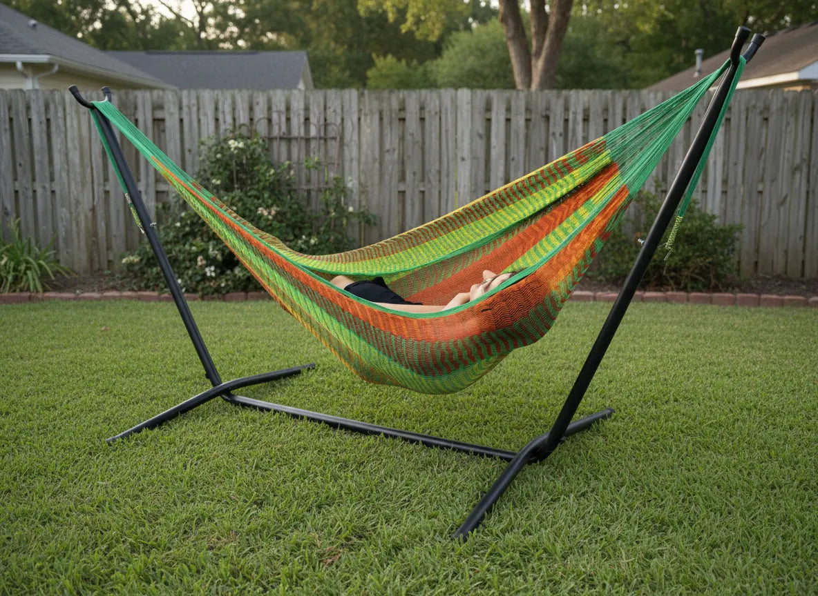 Colorful hammock on a stand in a backyard setting