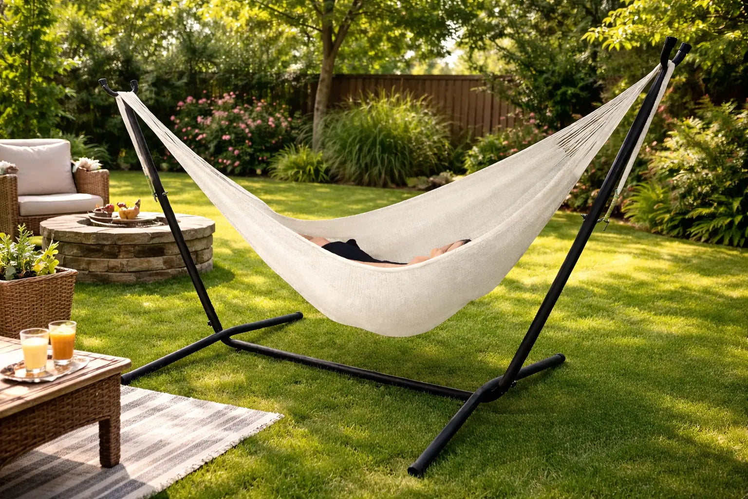 Person relaxing in a hammock on a stand in a garden setting with a fire pit and outdoor furniture.