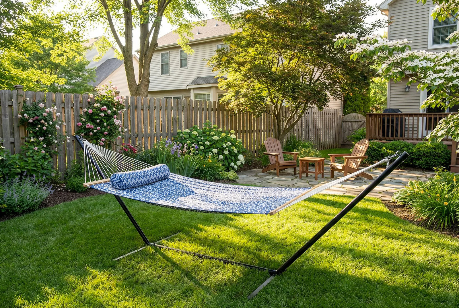 Hammock with stand on a grassy lawn in a backyard setting QHD-BWP+15TBSB