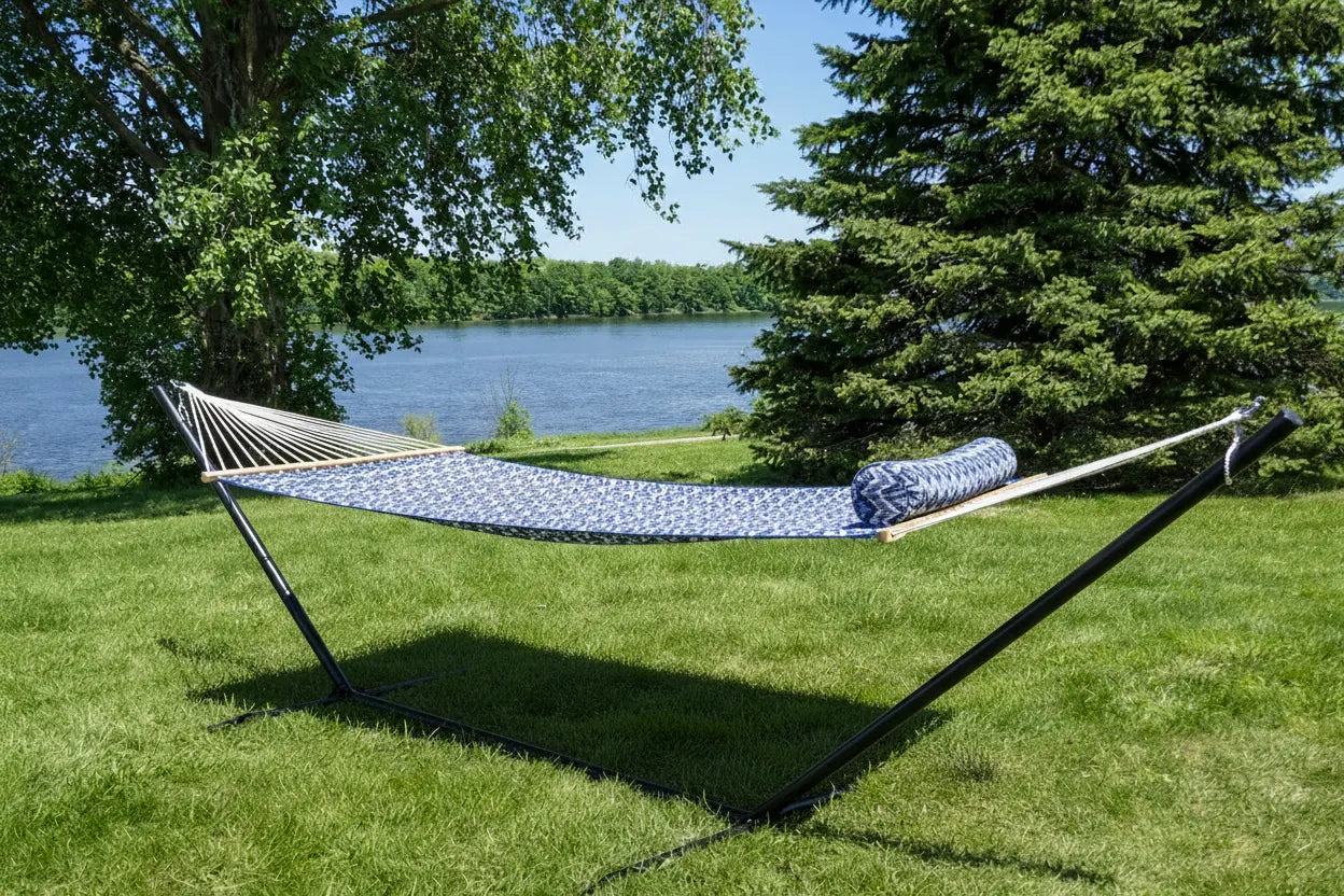 Hammock with stand on grass near a lake and trees QHD-BWP+15TBSB