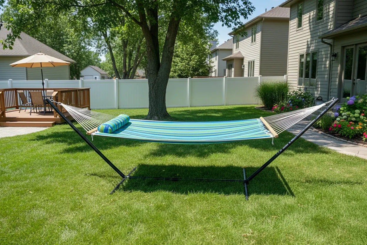 Hammock with stand on a grassy backyard with a tree and house in the background QHD-CAROLINA+15TBSB