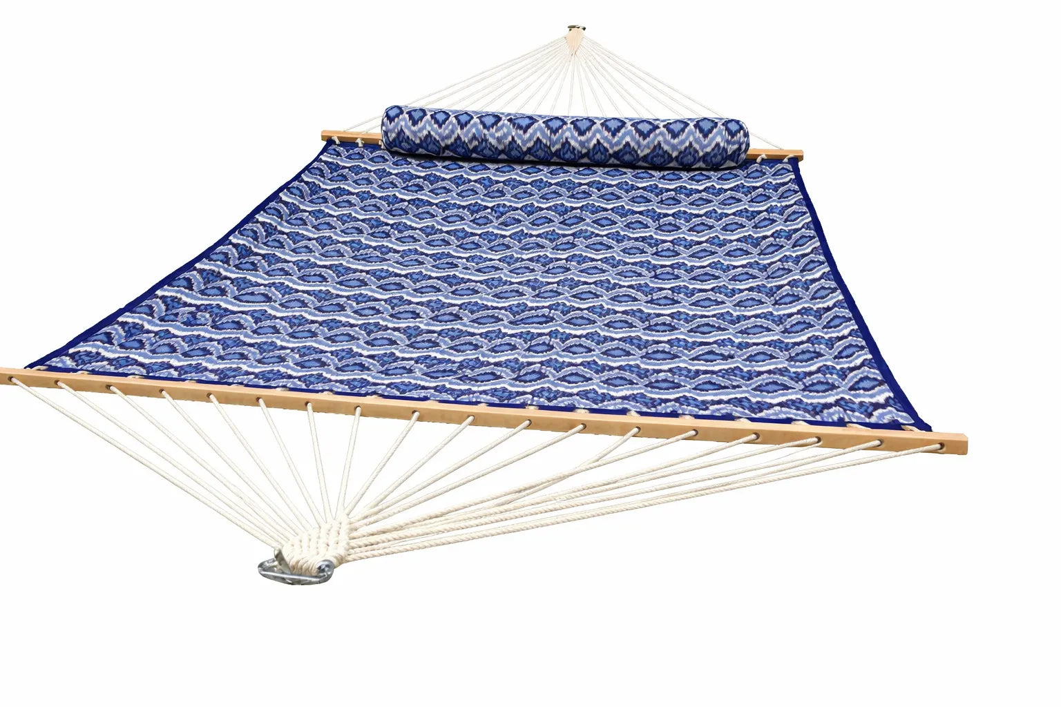 Blue patterned hammock with wooden frame on a white background QHD-BWP
