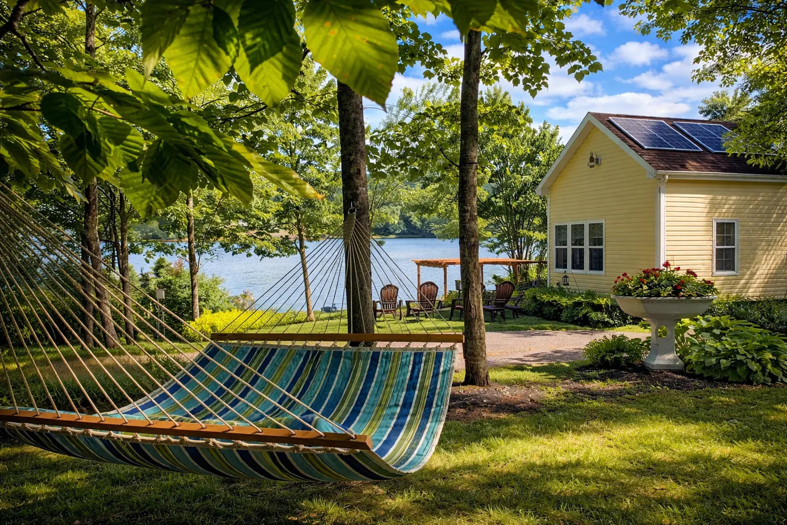 Hammock in a garden with a yellow house and lake view QHD-CAROLINA