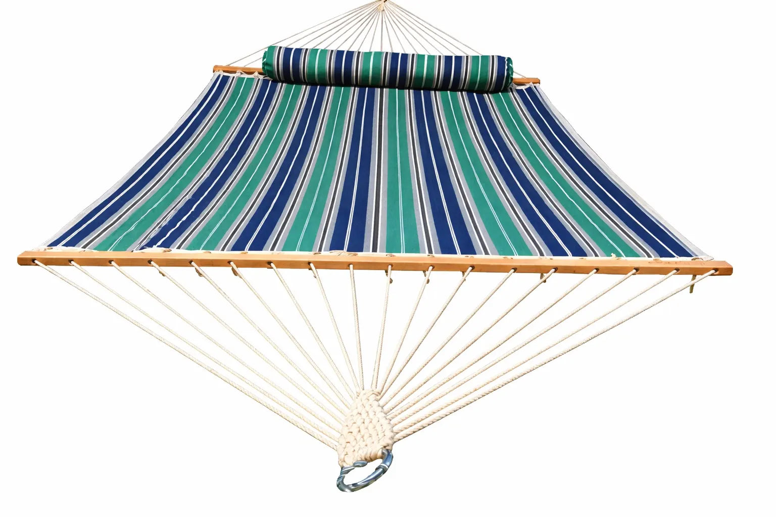 Blue and green striped hammock with wooden frame on a white background QHD-GBGW
