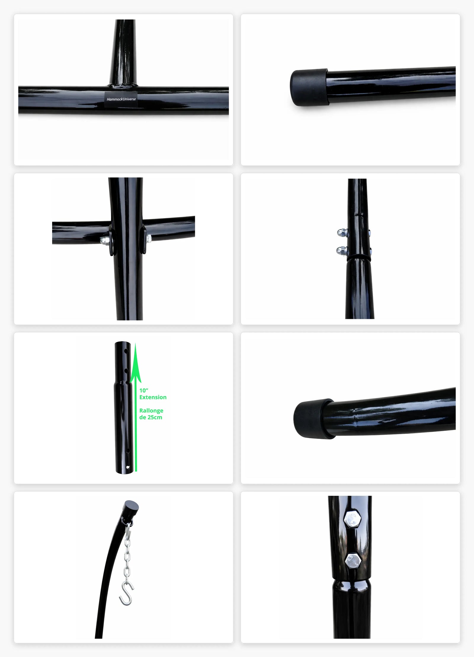 Black metal rod with various attachments on a white background