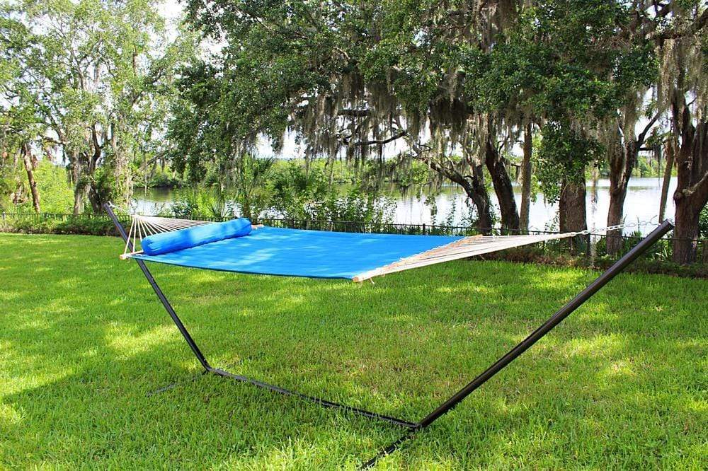 Hammock Universe Hammocks Olefin Double Quilted Hammock with Matching Pillow and Eco-Friendly Bamboo Stand
