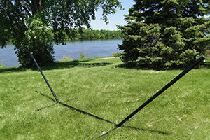 15 ft Tri-beam steel hammock stand black by the river