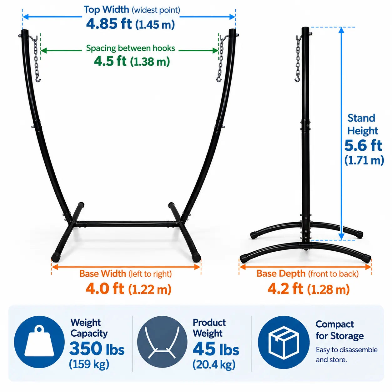 Black metal gym pull-up stand shown from two angles with measurement callouts and feature icons. The left view shows top width, spacing between hooks, and base width; the right view shows stand height and base depth.
