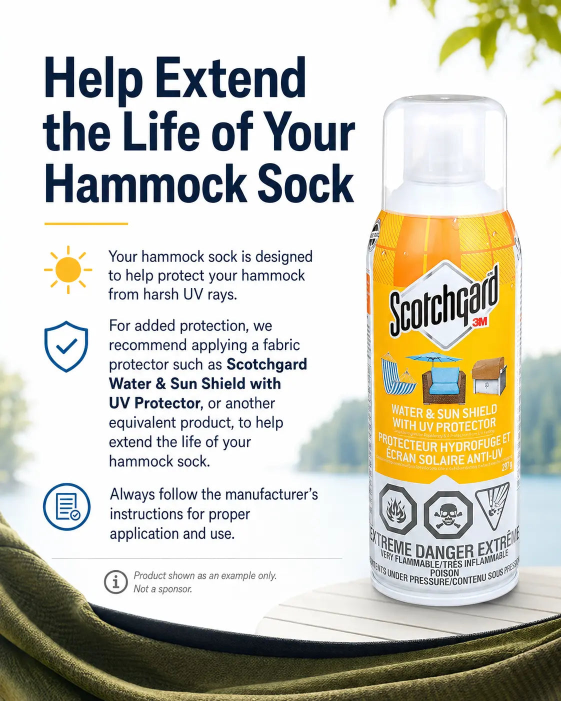 Scotchgard fabric protector spray can with text on extending hammock sock life