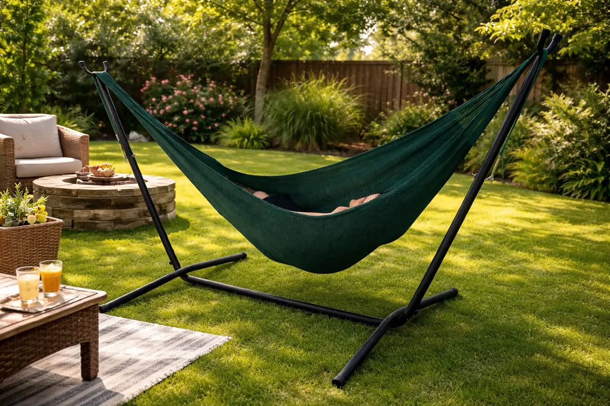 Green hammock on a stand in a garden setting with a wooden table and chairs.