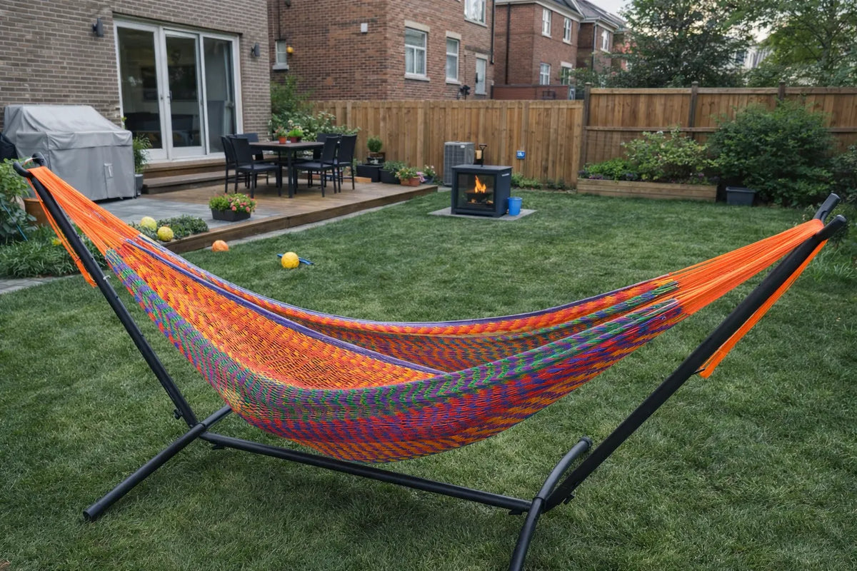 Colorful hammock on a stand in a backyard with a brick house and garden in the background.  #24-MHXLTC-H+75121