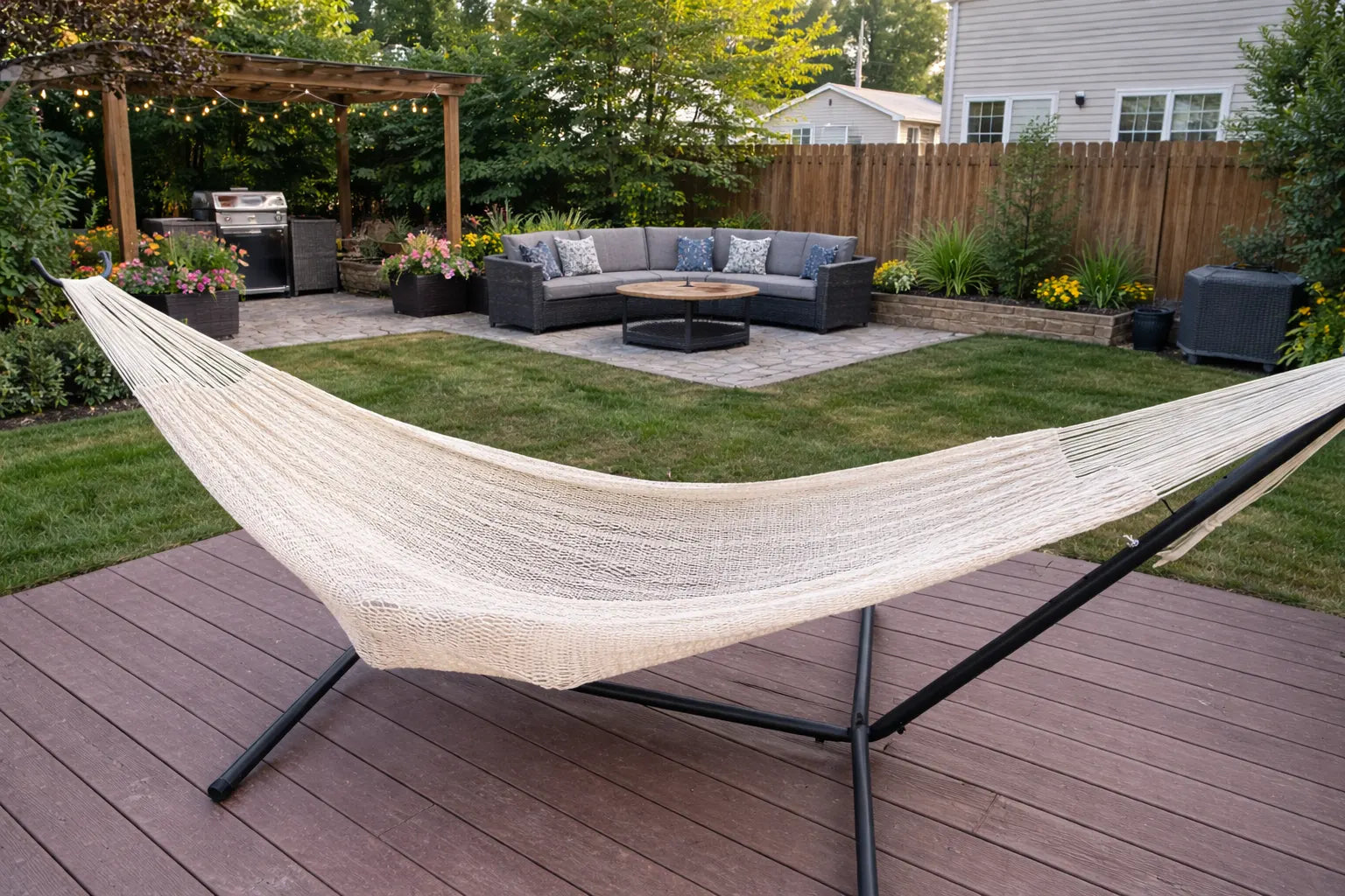 Hammock on a stand in a backyard setting with outdoor furniture and  #24-MHXLTC-N+75121landscaping.