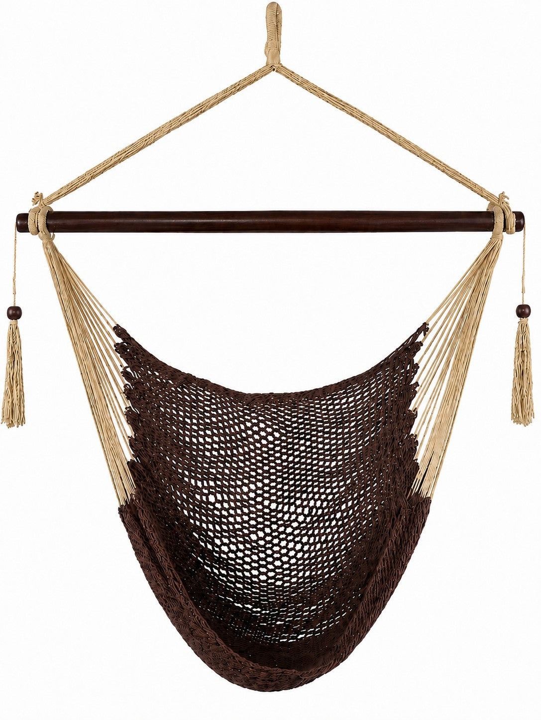 Brown and beige hammock chair with tassels on a white background