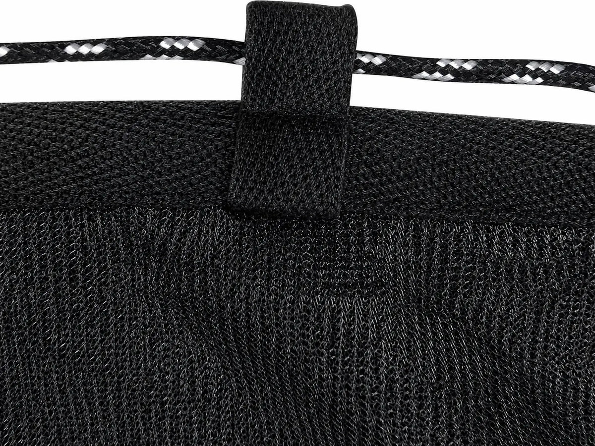 Close-up of a black woven bag with a strap and textured surface.