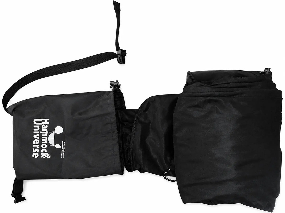 Black hammock with carrying strap on a white background, featuring 'Hammock Universe' branding.