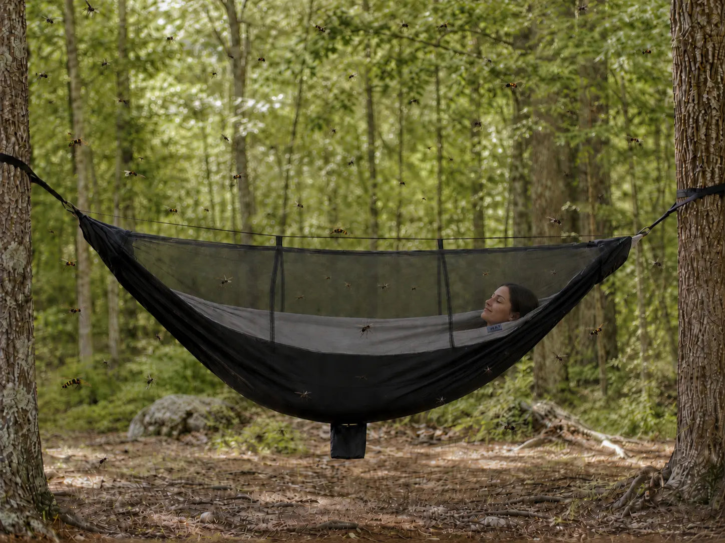 Person in a black hammock with mosquito net in a forest setting
