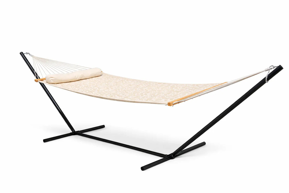 Beige hammock on a black metal stand against a white background  QHD-COUNTRY+15TBSB