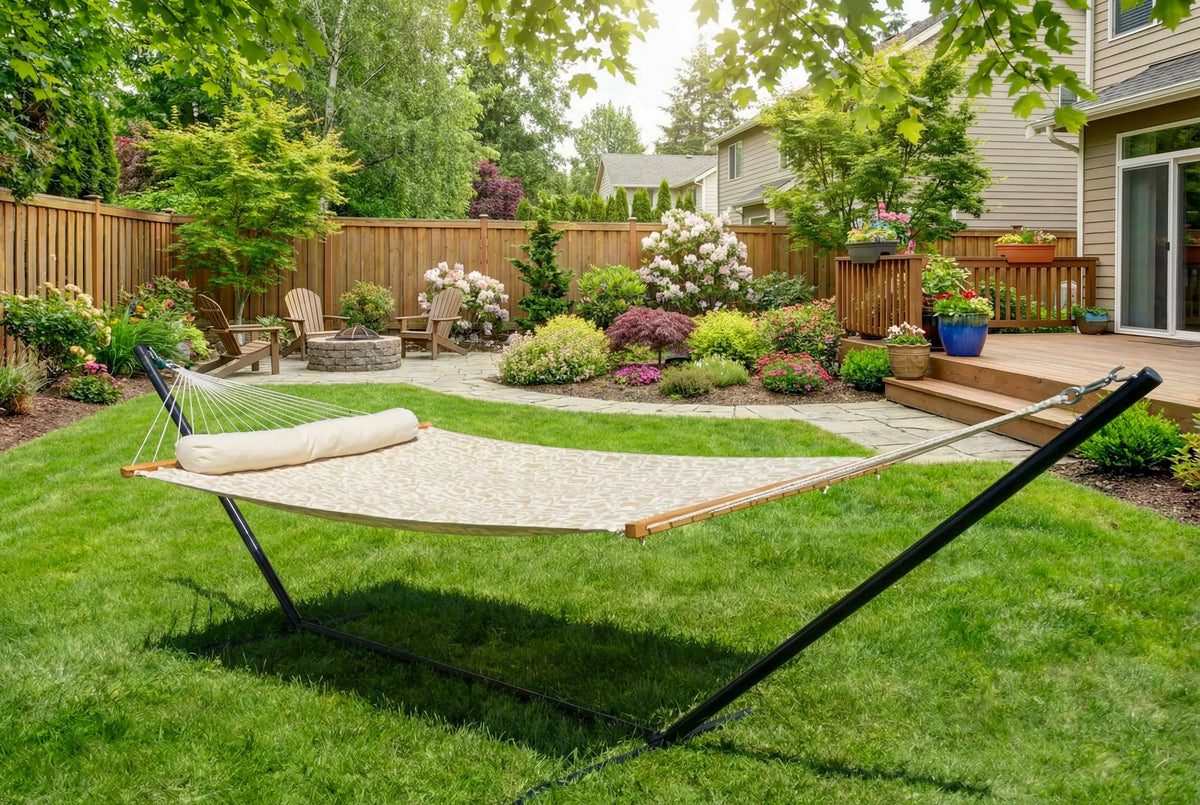 Hammock in a backyard with a wooden deck and garden  QHD-COUNTRY+15TBSB