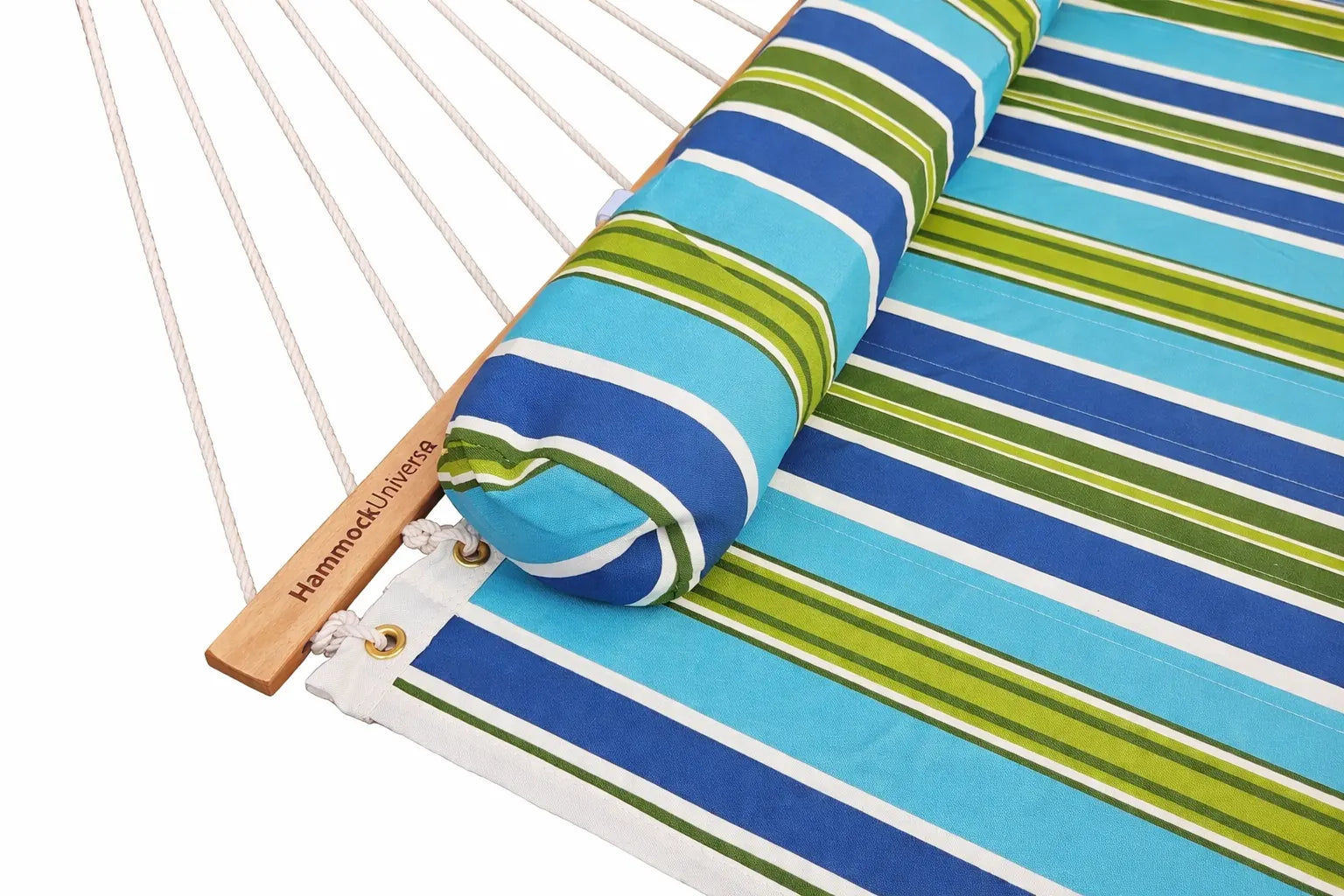 Roll of blue and green striped fabric with wooden tag on a white background  QHD-CAROLINA