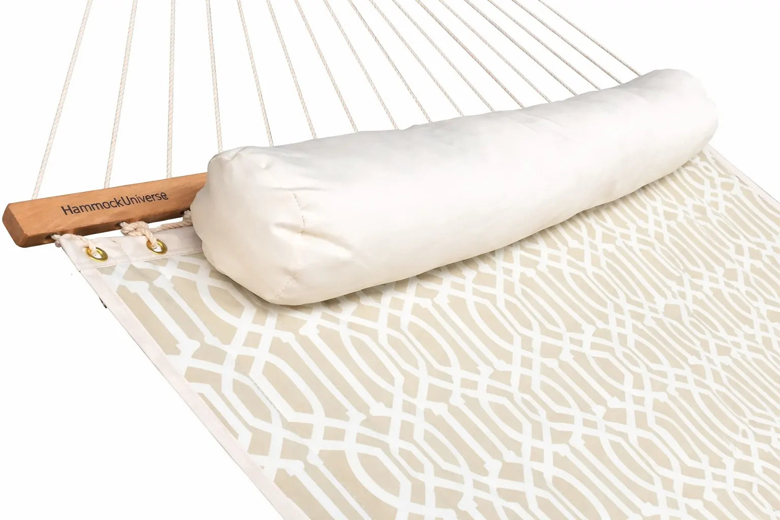 Roll of hammock fabric on a white and beige patterned hammock with 'Hammock Universe' branding.  QHD-COUNTRY