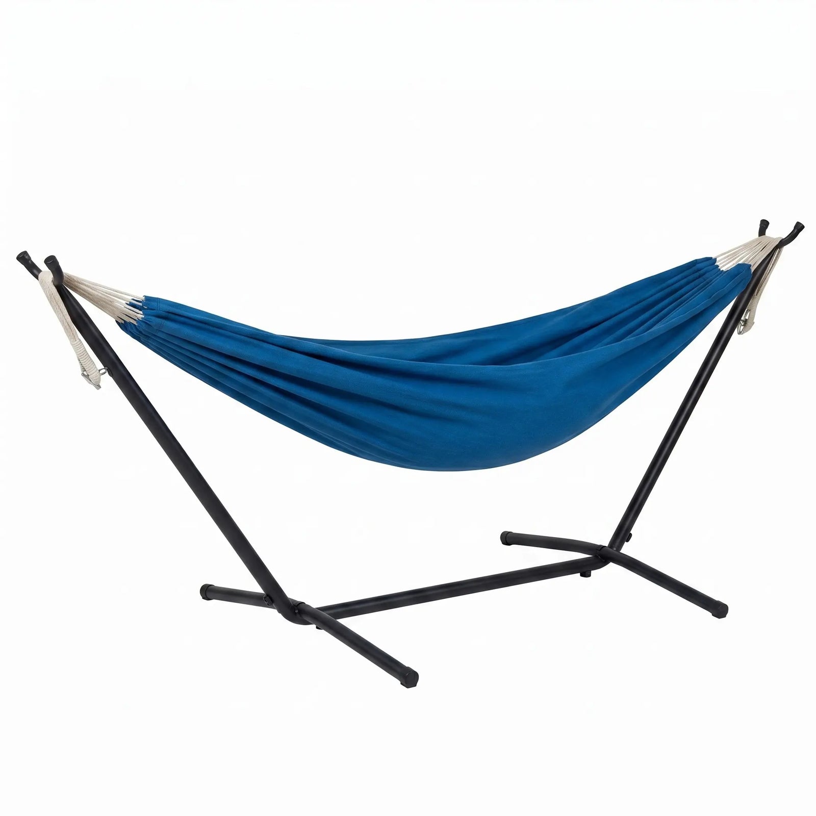 Blue hammock on a black stand against a white background