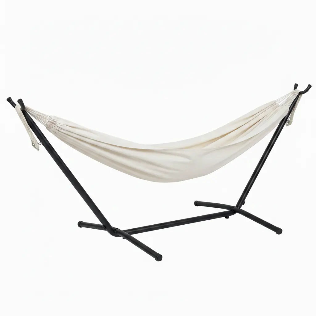 White hammock on a black stand against a white background