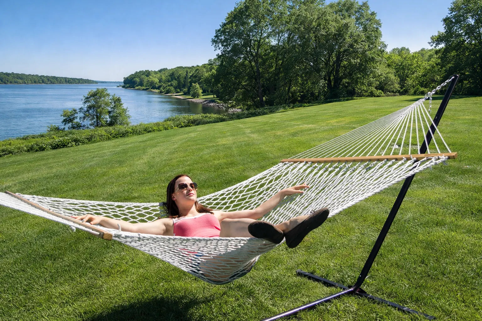 Double Cotton Rope Hammock with Stand - 15 ft 3-Beam Steel - Hammock ...