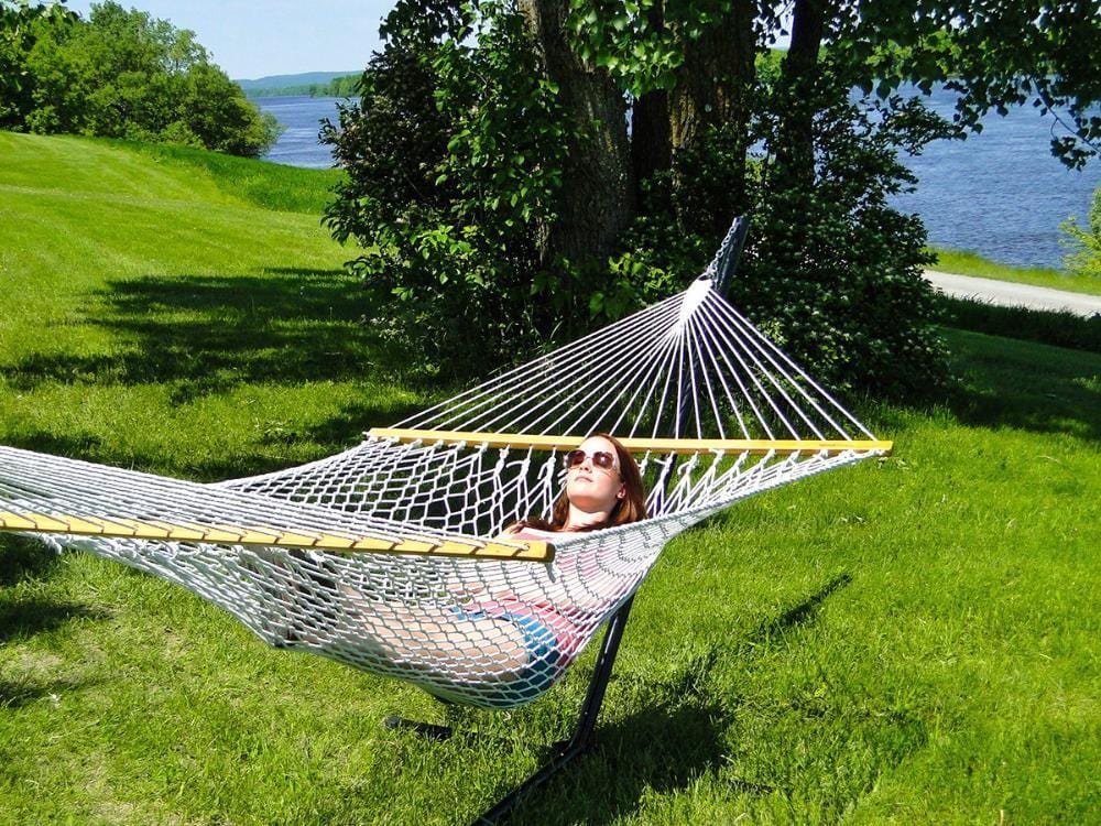Double Cotton Rope Hammock with Stand - 15 ft 3-Beam Steel