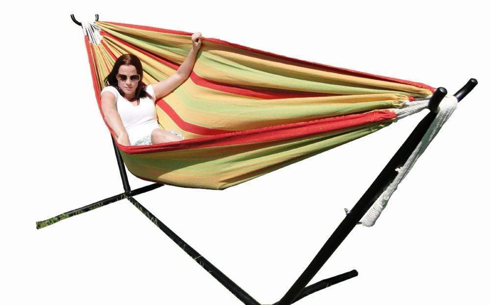 Hammock Universe Hammocks with Stands yellow-green-and-red-stripes Brazilian Double Hammock with Universal Stand